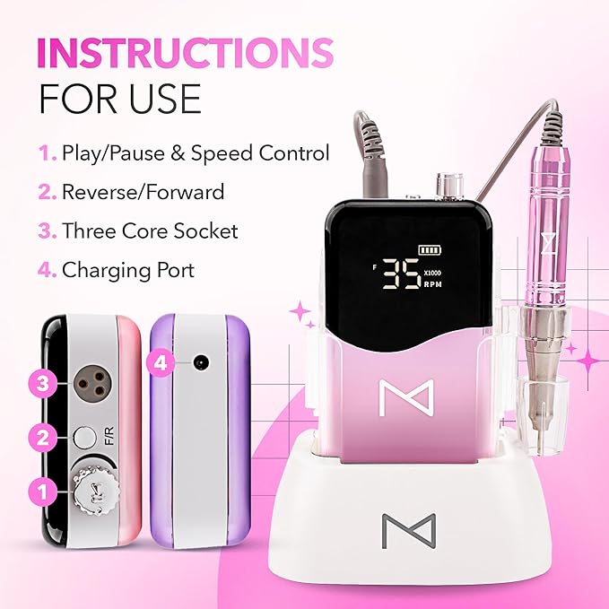 M Mase- Professional Nail Drill Machine - Coreless 2-in-1 Nail File - Electric, Cordless, 35000 RPM, HD Display - Electric Nail Drill for Professional & Home Use (Unicorn Pink)-BrightBean Baby