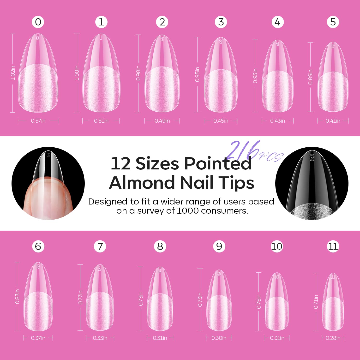 modelones Pointed Almond Nail Tips, Medium Pre-shaped Soft Gel Tips Fake Nails False Acrylic Clear Full Cover Press on Extension Gel Kit Manicure DIY at Home 216PCS 12Sizes-BrightBean Baby
