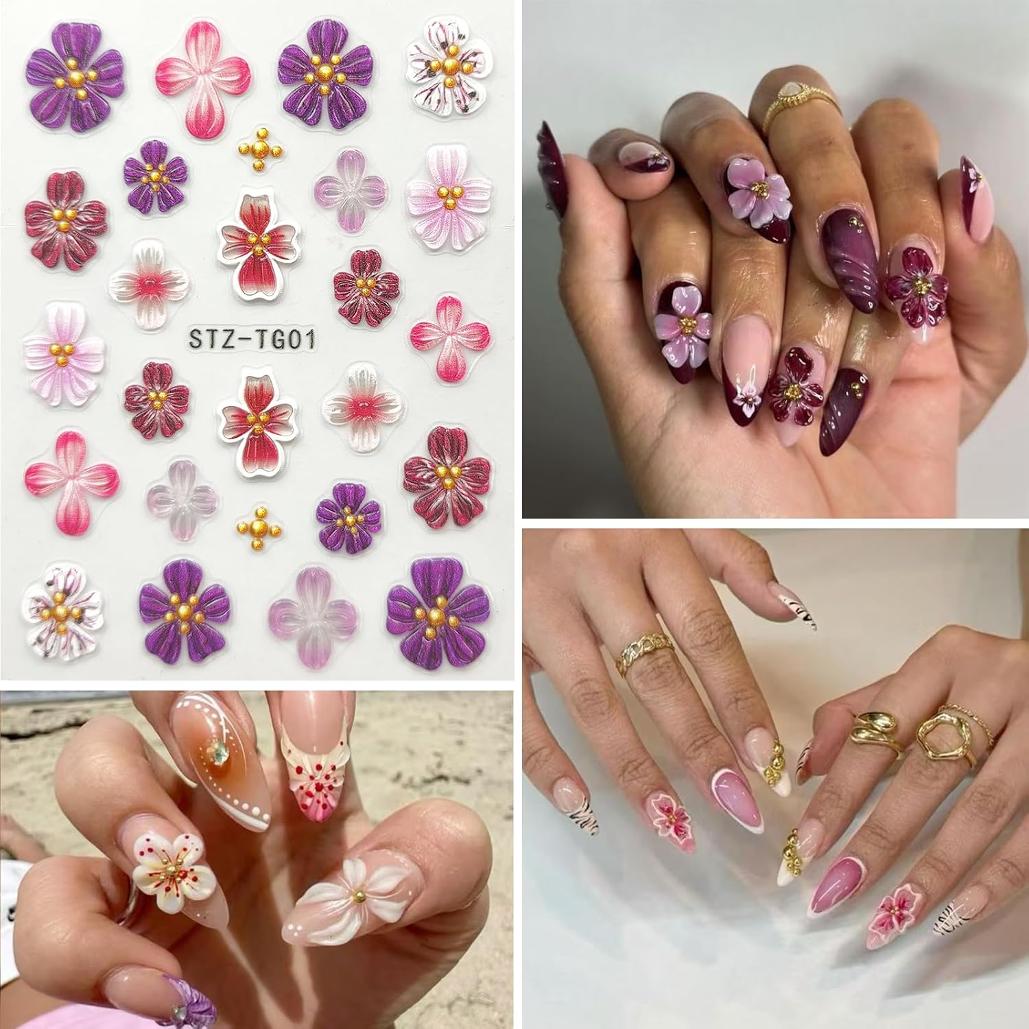 Flower Nail Art Stickers Decals 5D Embossed Nail Decals Spring Summer Pink Purple Nails Design Self-Adhesive Supplies Accessories 3D Flower for Women Nails DIY Decoration(5 Sheets)-BrightBean Baby