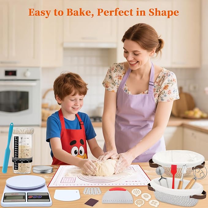 Aliggbent 38Pcs Sourdough Bread Baking Supplies – 11'' Oval & 10'' Round Cotton Rope Banneton Bread Proofing Baskets with Liners & Covers, Sourdough Starter Jar Kit, Scale, Bags & Bread Making Tools