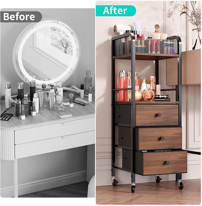 HapiRm Rolling Makeup Cart Organizer - Floor Skincare Make Up Storage with 3 Drawers, Vanity Organizer Cosmetic Display Cases Holder for Skin Care Perfume Nail Polish Brush Hair Tool-BrightBean Baby