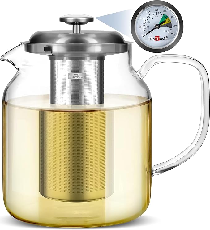 Aquach 68oz Glass Teapot with Built-in Thermometer, Stovetop & Dishwasher Safe, Borosilicate Carafe and Stainless Steel Removable Infuser