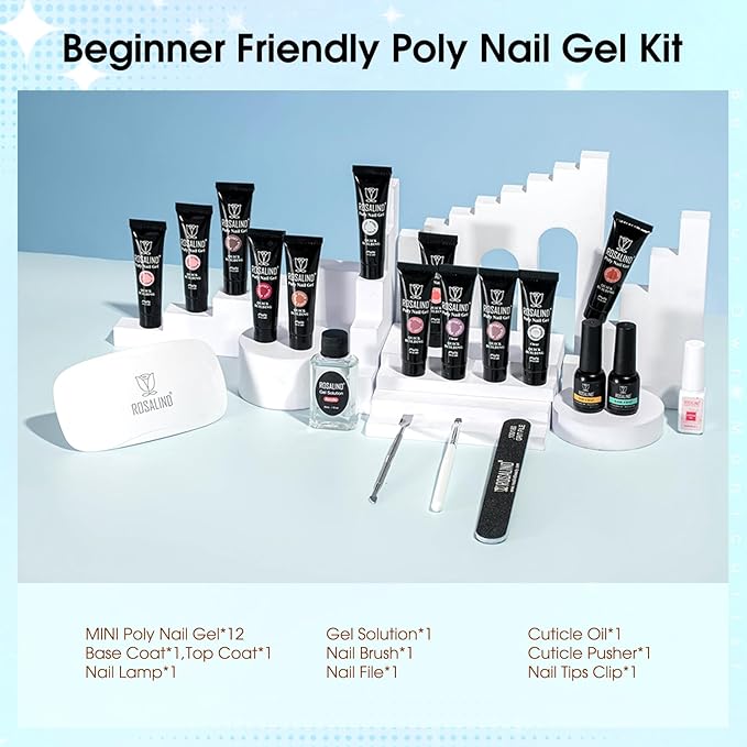 ROSALIND Poly Nail Gel Kit -12 Colors + Nail Art Accessories Kit Summer Neon Poly Nails Gel Kit Starter Kit With Slip Solution Pro Bright Colors Nail Extensions Gel Set with Mini UV Lamp-BrightBean Baby