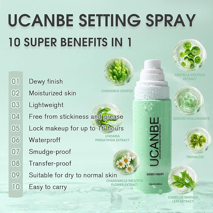 Dewy Makeup Setting Spray Kit-3.38 Fl oz Hydrating Illuminating Finishing Spray Lightweight Face Mist All Day Long Make up Fixer +2PCS Sponge Puff, Hydrate Skin for a Bright Look-BrightBean Baby
