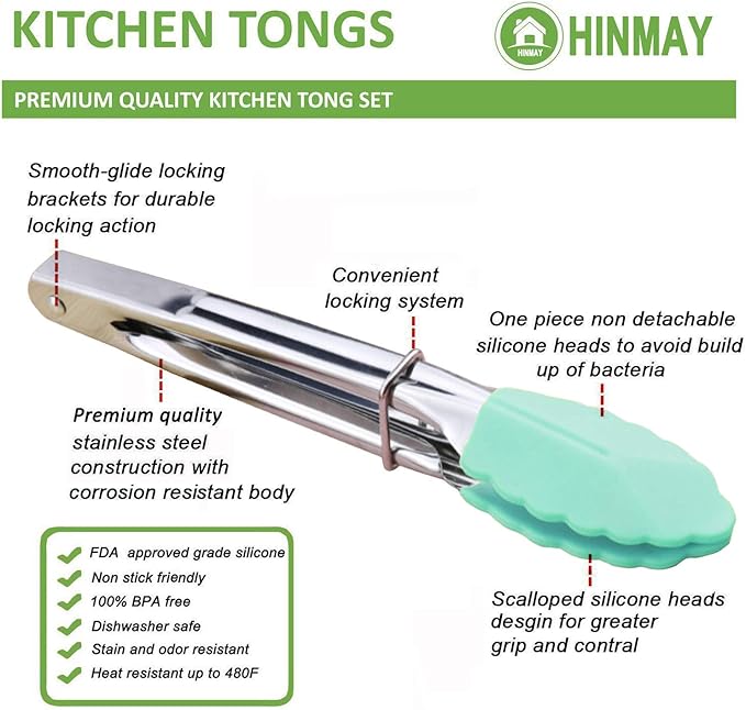 Mini Tongs with Silicone Tips 7-Inch Small Serving Tongs, Set of 3 (Pink Mint Yellow)