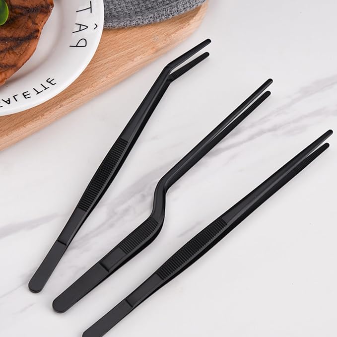 Professional Stainless Steel Food Tongs Stainless Steel Kitchen Tweezers Tongs Set 11.8 Inch Professional Chef Cooking Tools for BBQ Plating Baking (3, Black)
