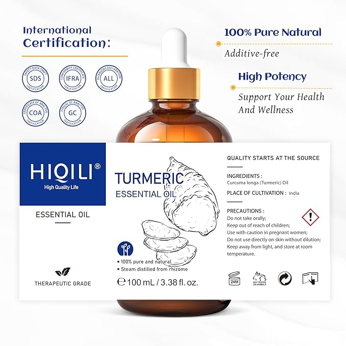 HIQILI 100ML Turmeric Oil for Face Skin Care, Aromatherapy,100% Pure, Use After Dilution- 3.38 Fl Oz-BrightBean Baby