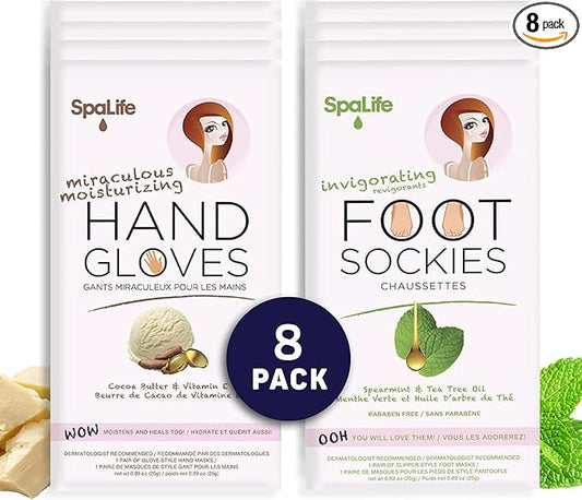 SpaLife Moisturizing Hand Gloves and Foot Sockies Bundle - 4 Hand Gloves & 4 Foot Sockies Set for Hydrating Dry, Cracked Hands and Feet - Repairing Skincare Mini Gift Set-BrightBean Baby