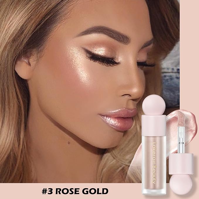 Erinde Liquid Highlighter Makeup, Pink Luminizer Face Highlight Makeup Stick, Natural Beauty Glow Finish, Lightweight Blendable Cream Face Body Liquid Illuminator Bronzer, Cruelty-free, 03 Rose Gold-BrightBean Baby
