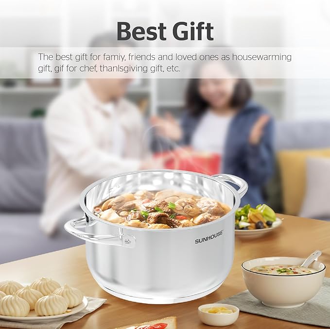 SUNHOUSE 8 Quart Stock Pot with Lid - Tri-Ply Stainless Steel Large Capacity Pot