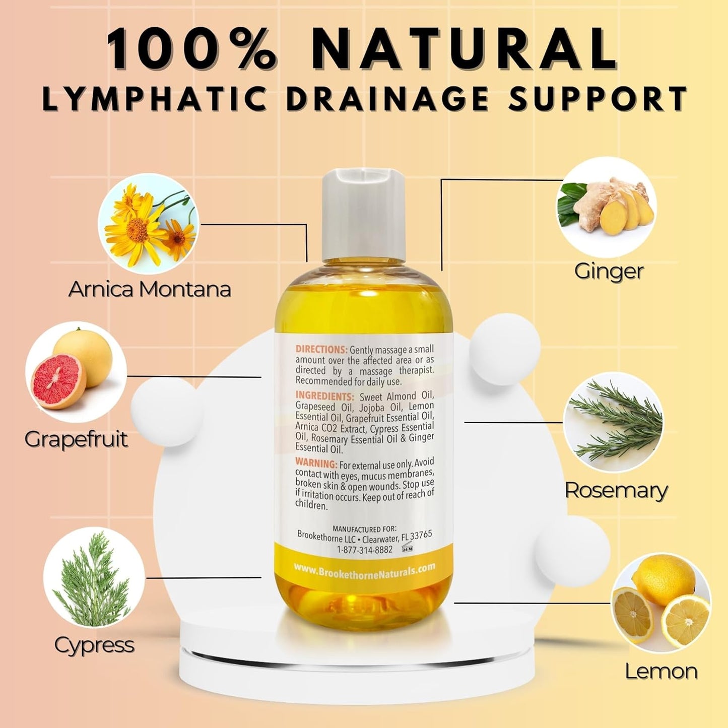 Lymphatic Massage Oil for Massage Therapy | 100% Natural Lymphatic Drainage Oil | Premium Quality with Arnica, Lemon & Ginger | for Post Surgery Recovery & Detox | 8oz by Brookethorne Naturals-BrightBean Baby