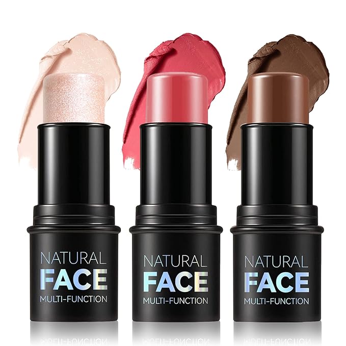 3PCS Cream Contour Stick Makeup Kit Face Highlighter Bronzer Blush Stick Long Lasting Illuminator Highlighters Makeup Stick for All Skin Tones(02 Champagne Gold+05 Rugosa Rose+06 Espresso)-BrightBean Baby