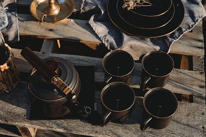 Barebones Enamel Teapot - Vintage Inspired Design - Baked Stainless Steel Rim - FSC Certified Natural Walnut Tea Kettle - 1.5 Liters, 6 Cups (Charcoal)