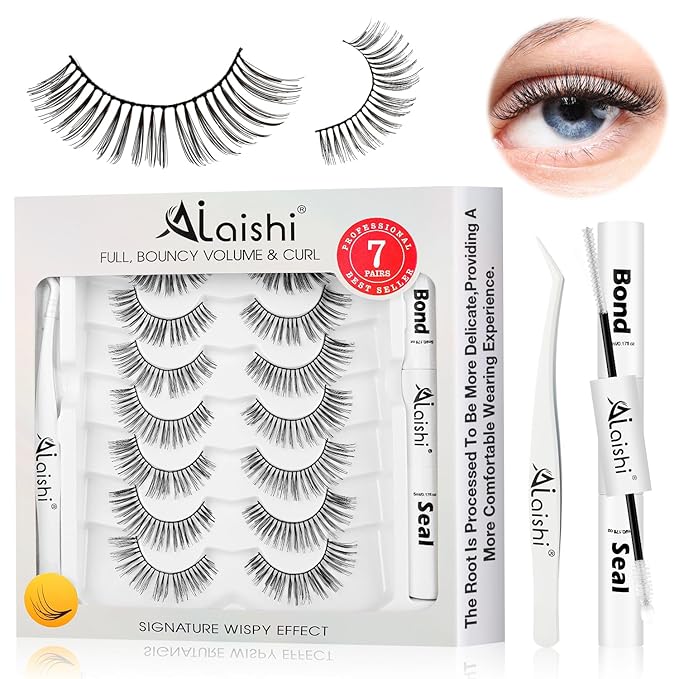 Wispy False Eyelashes Kit With Bond, Seal and Tweezer, 7 Pairs Natural Look Fake Cat Eye Lashes Strips Thin Band Extensions Waterproof Easy Eyelashes for Beginners DF1-BrightBean Baby
