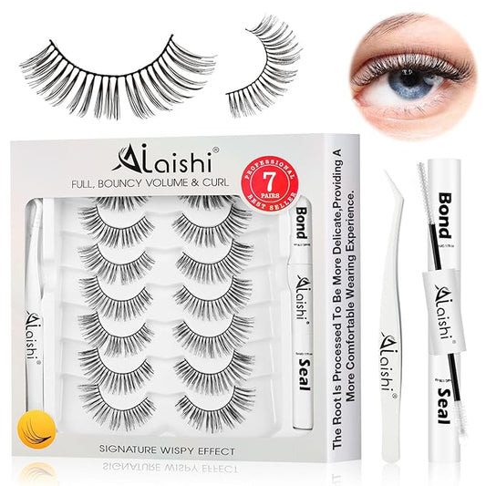 Wispy False Eyelashes Kit With Bond, Seal and Tweezer, 7 Pairs Natural Look Fake Cat Eye Lashes Strips Thin Band Extensions Waterproof Easy Eyelashes for Beginners DF1-BrightBean Baby