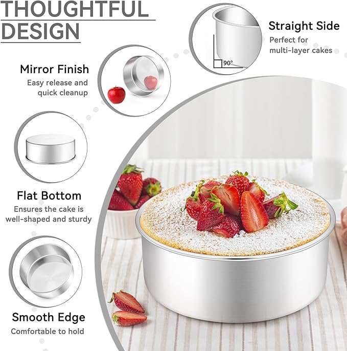 Leonyo 8 Inch Cake Pan, Stainless Steel Circle Baking Pans Set, 3 Pieces Round Layer Cake Tin for Wedding Birthday, Even Heating, Non Toxic & Healthy, Heavy-Duty, Dishwasher Safe