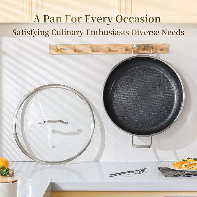 DELARLO 14" Tri-Ply Stainless Steel Paella Pan with Lid