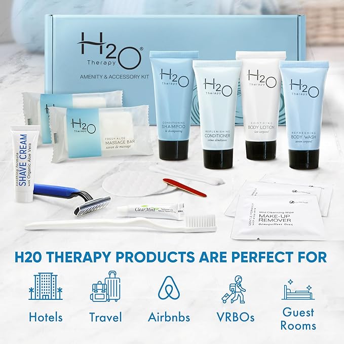 H2O Therapy Amenity & Accessory Kit | 0.85 oz Travel Size Shampoo, Conditioner, Lotion, Body Wash, Massage Bar, Cleansing Bar, Shave & Dental Sets, Make-Up Remover Wipes, & Vanity Kit | 60 sets/case-BrightBean Baby