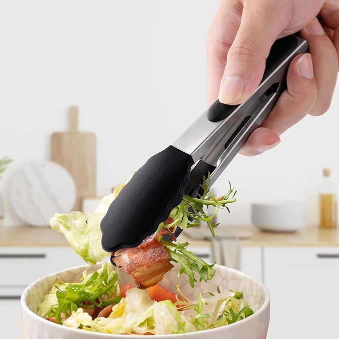 7-Inch Silicone Tongs Pack of 3, Small Tongs with Silicone Tips for Cooking, Barbecue, Buffet Serving (7", Black/Grey/White)