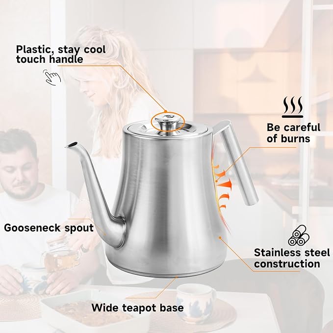 68OZ/2000ML Stainless Steel Teapot with Removable Infuser, Stovetop Safe Tea Maker Water Kettle for Loose Leaf & Tea Bags, Silver