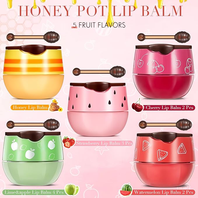 12 Pcs Bee Lip Balm Honey Pot with Brush Propolis Lip Mask Overnight, Moisturizing Hydrating Lip Sleeping Mask Prevention Dry and Cracked(Honey+Strawberry+Watermelon+Apple Lime+Cherry)-BrightBean Baby