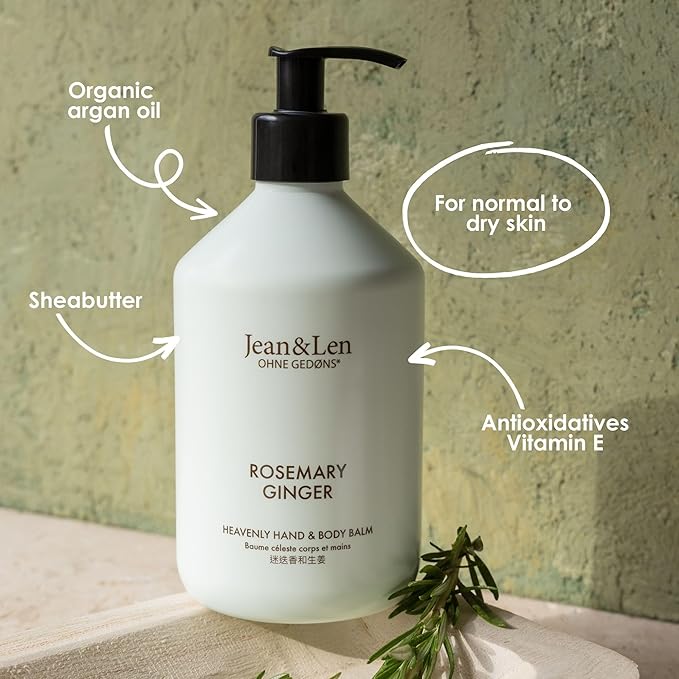 Jean & Len Heavenly Hand & Body Balm Rosemary & Ginger, for a fragrant care experience, with organic argan oil and shea butter, minimalistic bottle, without parabens & silicones, 16.91 Fl. Oz.-BrightBean Baby