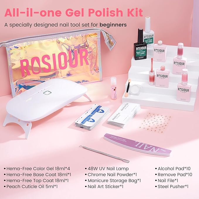 Jelly Gel Nail Polish Kit with U V Light, Hema-Free Milky Nude Sheer White Pink Gliter Gel Polish Set with Base & Top Coat Chrome Nail Powder, 4 Colors Mini Salon Nail Art Starter Gift for Women Girl-BrightBean Baby