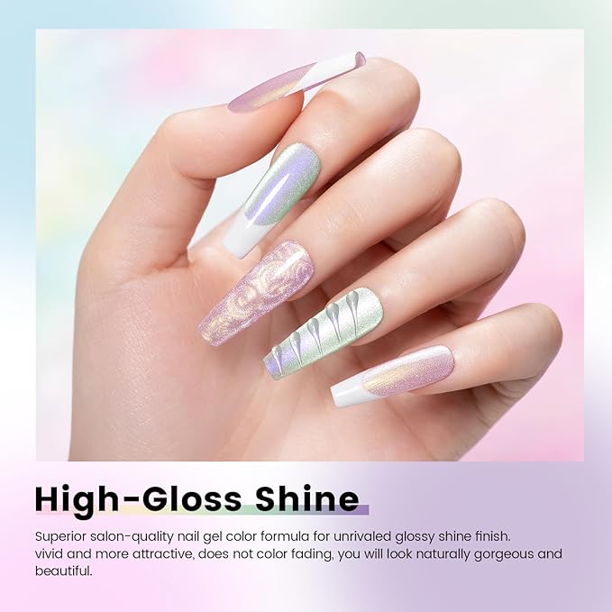 RARJSM Sparkle Diamond Pearl Cat Eye Gel Nail Polish Set 6pcs Velvet Silver Shimmer Pink Green Blue Purple White Glitter Mermaid Swirl Shell Thread Effect with Magnet Stick UV LED Curing Requires-BrightBean Baby