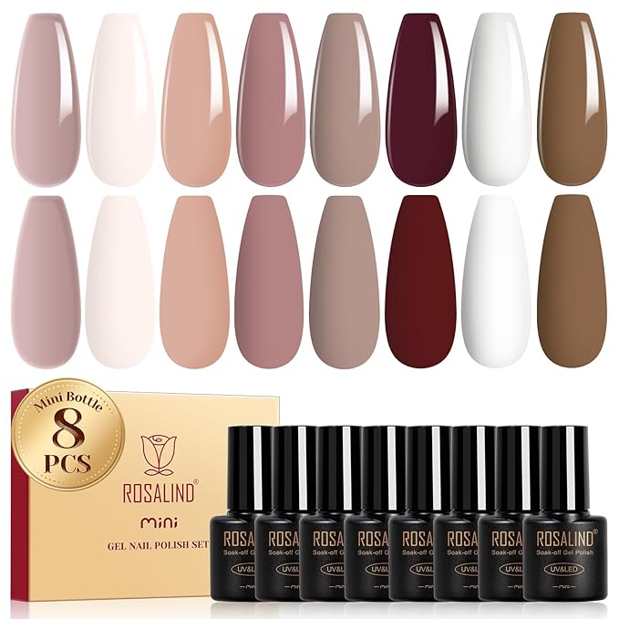 ROSALIND Nude Brown Gel Nail Polish Set, 8 Colors White Nude Brown Gel Polish, Beige Tan Caramel Coffee Gel Polish Collection Nail Art Gift DIY at Home-BrightBean Baby