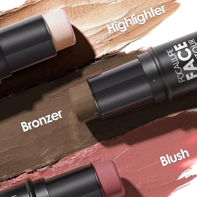 FOCALLURE 3 Pcs Cream Contour Sticks,Shades with Highlighter & Bronzer & Blush,Non-greasy Long-wear Face Contouring Pen,Easy to Sculpt the Face and Create a Lightweight Finishing Makeup,DEEP-BrightBean Baby