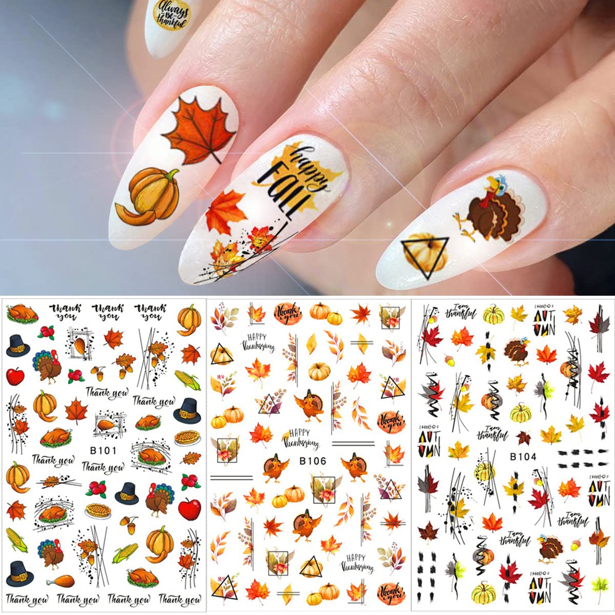 12 Sheets Fall Nail Art Stickers 3D Autumn Leaves Nail Decals Self-Adhesive Thanksgiving Nail Art Accessories Foils Maple Leaf Pumpkin Turkey Nail Designs for Women Girls DIY Manicure Decoration-BrightBean Baby