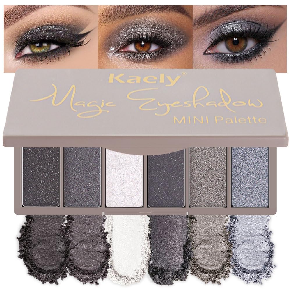 Kaely 6 Colors Mini Smoky Eye Shadow Palette Makeup, Black Grey White Silver Glitter Shimmer Smokey Eye Eyeshadow Palette for Older Women Pigmented Waterproof, Goth Halloween Makeup, Cruelty-free 02-BrightBean Baby