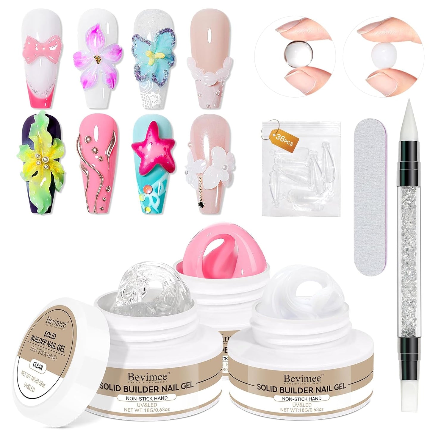 Solid Builder Gel for Nails 3PCS, Clear White Pink 3D Sculpting Hard Gel for Nail Art Non-Stick Hand, for Modeling, Sculpture, Nail Extension UV/Led Manicure DIY At Home 18g*3Colors-BrightBean Baby