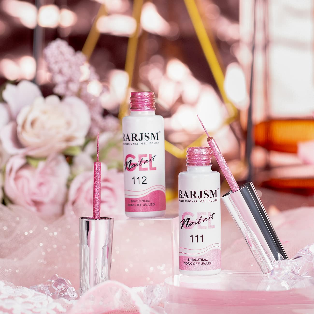 RARJSM Metallic Gel Liner Nail Art Pink,Glitter Painting Gel Nail Polish 2PCS Set,Mirror Chrome Hot Pink Drawing Line Art Gel with Thin Brush Nail Design Line Wire Curing Requires 8ml DIY Manicure-BrightBean Baby