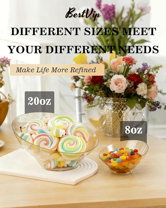 BESTVIP 20oz Clear with Gold Glitter Serving Bowls for Party - 12 Pack Angled Disposable Serving Bowls for Chips, Snacks, Fruit, Salad - Decorative Catering Bowls for Daily Use, Christmas