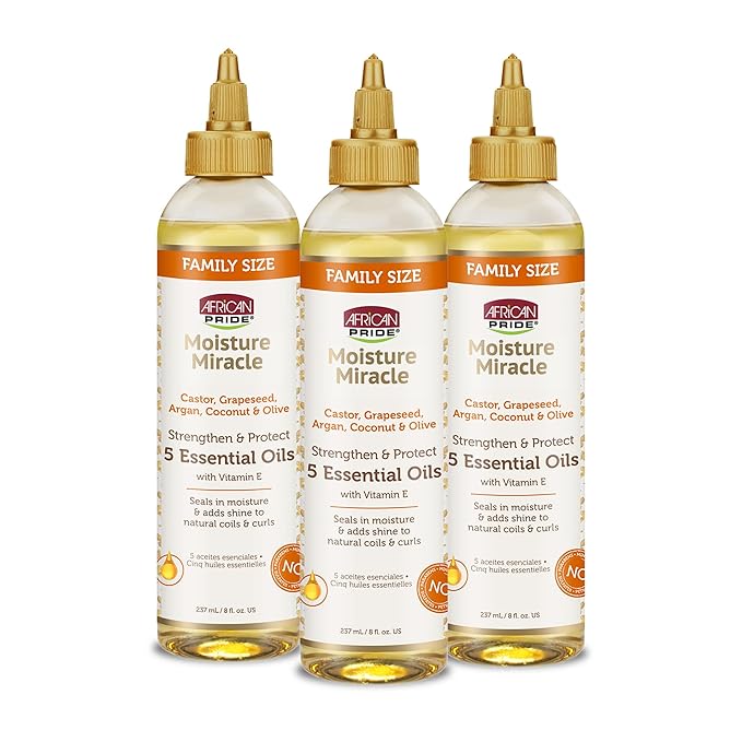 African Pride Moisture Miracle 5 Essential Hair Oils with Vitamin E (3 Pack) | Moisture, Shine, Protection, and Growth | Argan, Castor, Grapeseed, Coconut, and Olive Oil | 8 oz-BrightBean Baby