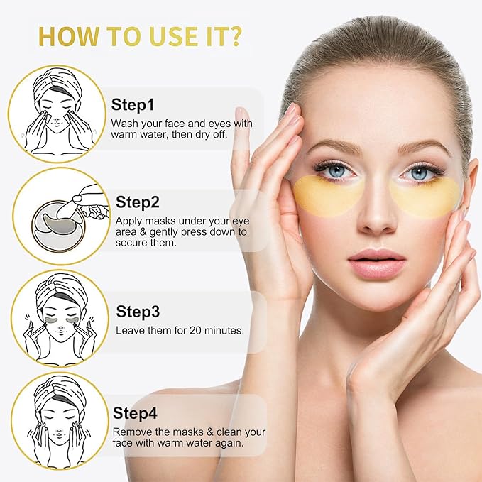 24k Gold Under Eye Patches, Eye Masks for Puffy Eyes 60 pcs, for Dark Circles and Puffiness, Hydrating Eye Mask Skincare, Eye Gel Pads for Eye Bags and Wrinkles Under Eye Treatment-BrightBean Baby
