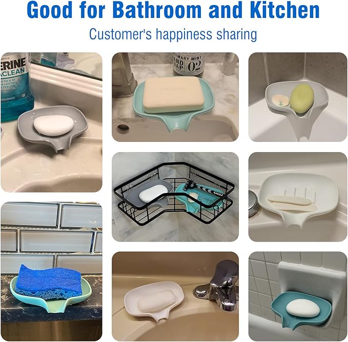 3 Pack Silicone Soap Dish with Drain, Bar Soap Holder for Shower/Bathroom, Self Draining Waterfall Soap Tray/Saver for Kitchen, Keep Soap Dry, Easy to Clean