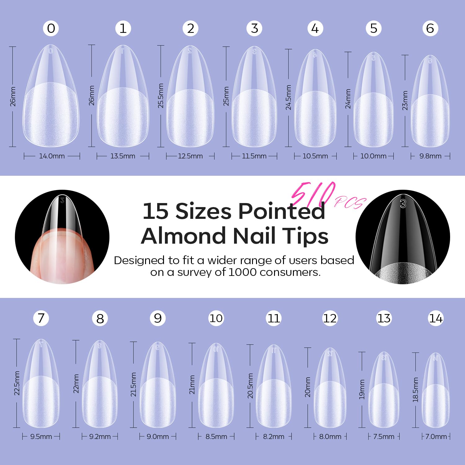 Modelones Pointed Almond Fake Nail Tips - 510Pcs Medium Gel Tips Pre-shaped Half Matte Full Cover Clear Acrylic Gel Kit False Press on Nails for Extension DIY Salon 15Sizes-BrightBean Baby