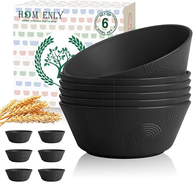 Homienly Cereal Bowl, Large Soup Bowl Set, Wheat Straw Bowl with Textured Design - 36oz Bowl Set, 6 PCS Microwave and Dishwasher Safe Bowls, Bowls for Kitchen, Serving Soup,Ramen,Pho,Salad - Black