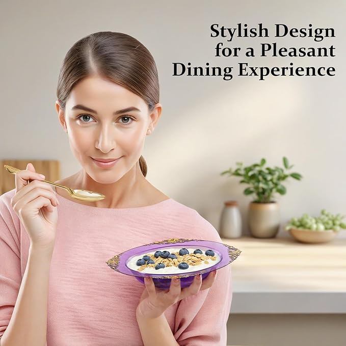 Nervure 50PCS Purple Plastic Bowls with Gold Rim - 12oz Disposable Soup Bowls, Heavy Duty Salad Dessert Bowl Perfect For Weddings, Parties and Everyday Use