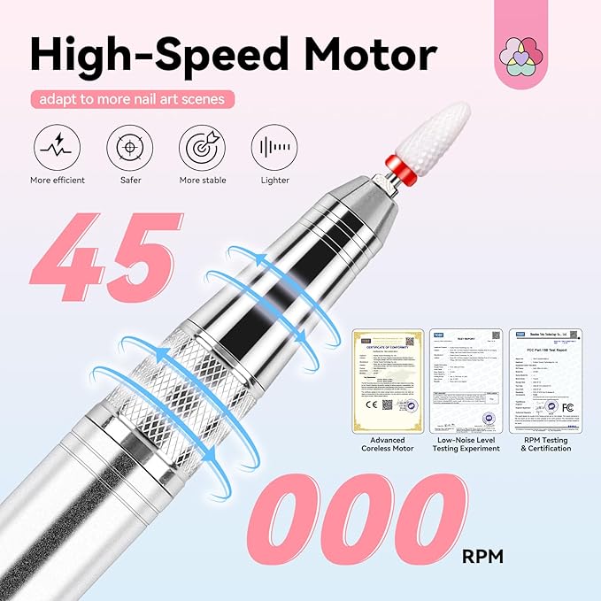 SAVILAND 45000RPM Electric Nail Drill Professional: Unique Coreless Nail File Last 15H Long Battery Life |Cordless Nail Drill for Quick Acrylic Nail Removal Ultra Quiet Salon Use Manicure Pedicure-BrightBean Baby