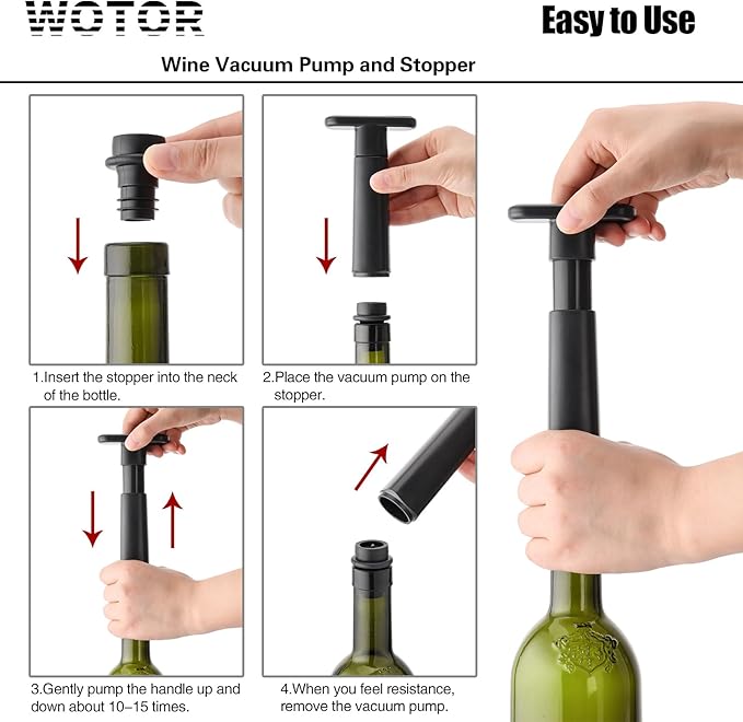 WOTOR Wine Saver Vacuum Pump with 8 Stoppers, Wine Stopper & Preserver, Reusable Bottle Sealer Keeps Fresh, Ideal Accessories Gift (Flat Handle)