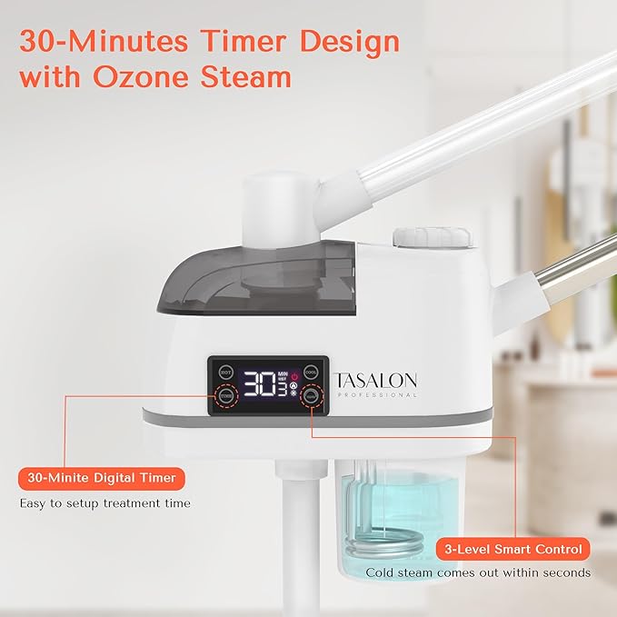 TASALON 2 in 1 Professional Facial Steamer on Wheels -with Ozone and Hot & Cold Mist, Ionic Facial Steamer Kit for Facial Deep Cleaning and Moisturize, SPA & Home, Ozone Face Humidifier (White)-BrightBean Baby