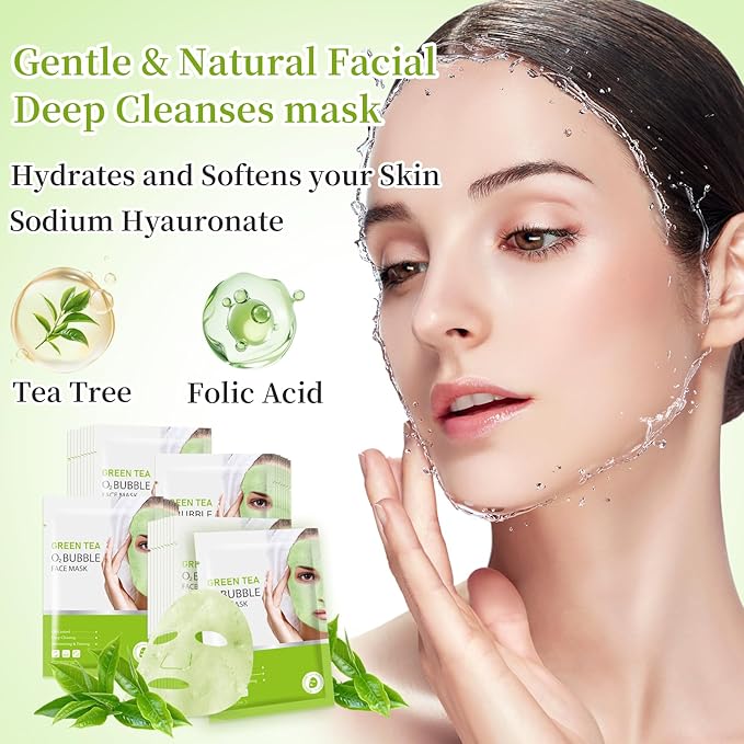 10 Sheets Face Masks Skincare O2 Bubble Green Tea Face Mask, Cleaner Bubble Sheet Masks Foaming Purifying Facial Mask for Pores, Moisturizing Spa Face Masks Skin Care For All Skin Type-BrightBean Baby