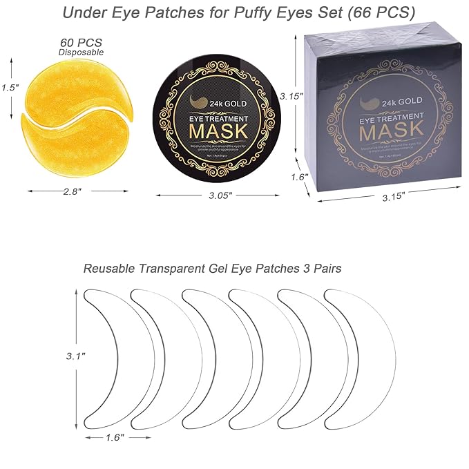 66PCS Under Eye Patches for Puffy Eyes 24K Gold Natural Hydrogel Collagen Eye Mask Reusable Silicone Gel Eye Anti Aging Pads for Reduce Fine Lines Wrinkles Eye Bags Transparent Gel Pack-BrightBean Baby