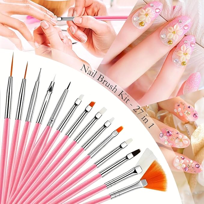 Nail Art Tools 27Pcs Set,Nail Art Brush,Resin Nail Art Palette,5 Pcs Nail Art Sculpture Pen,2-way Acrylic Silicone Engraving Pen Dotting Pen Tools Nail Art Kit for Nail Art DIY-BrightBean Baby