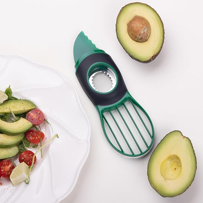 Linoroso Avocado Slicer Tool Kitchen Avocado Knife Set, Good Grips 3-in-1 Avocado Tool with Avocado cutter slicer, Avocado Pit Remover, Avocado Peeler with Cover, Green