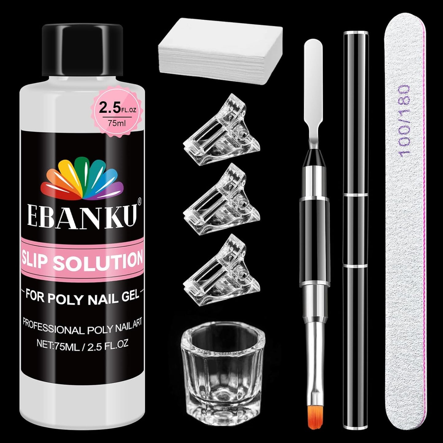 EBANKU Poly Gel Slip Solution for Nails - Anti-Stick Slip Solution for Builder Gel Nails, Brush Clean Liquid with Dual-Ended Nail Brush, 3PCS Nail Clips for Beginners & Home Salon, 2.5oz-BrightBean Baby