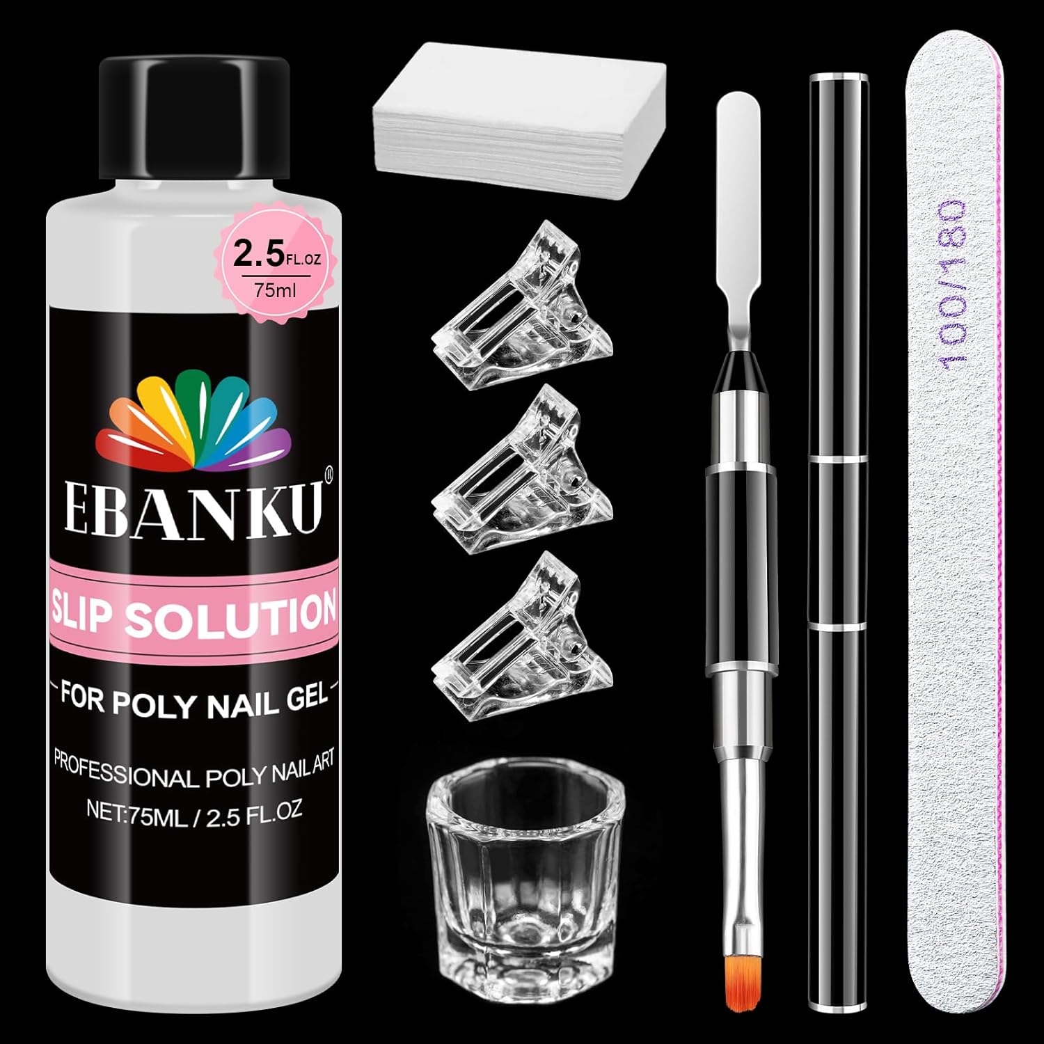 EBANKU Poly Gel Slip Solution for Nails - Anti-Stick Slip Solution for Builder Gel Nails, Brush Clean Liquid with Dual-Ended Nail Brush, 3PCS Nail Clips for Beginners & Home Salon, 2.5oz-BrightBean Baby